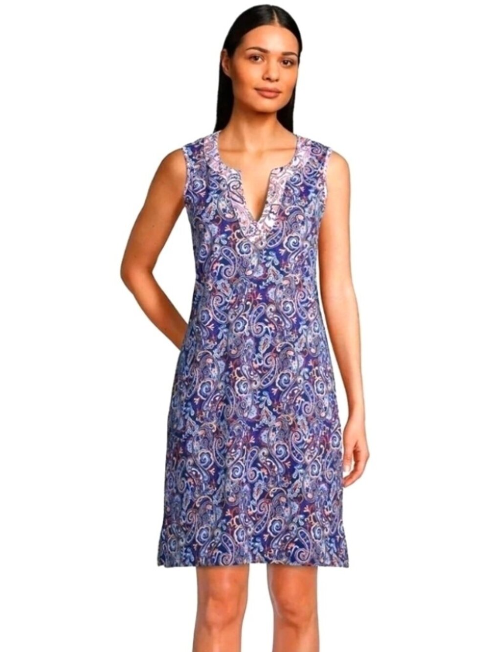 Lands End Women's Navy Paisley Cotton Sleeveless Dress Colorful Size XS / LEasi